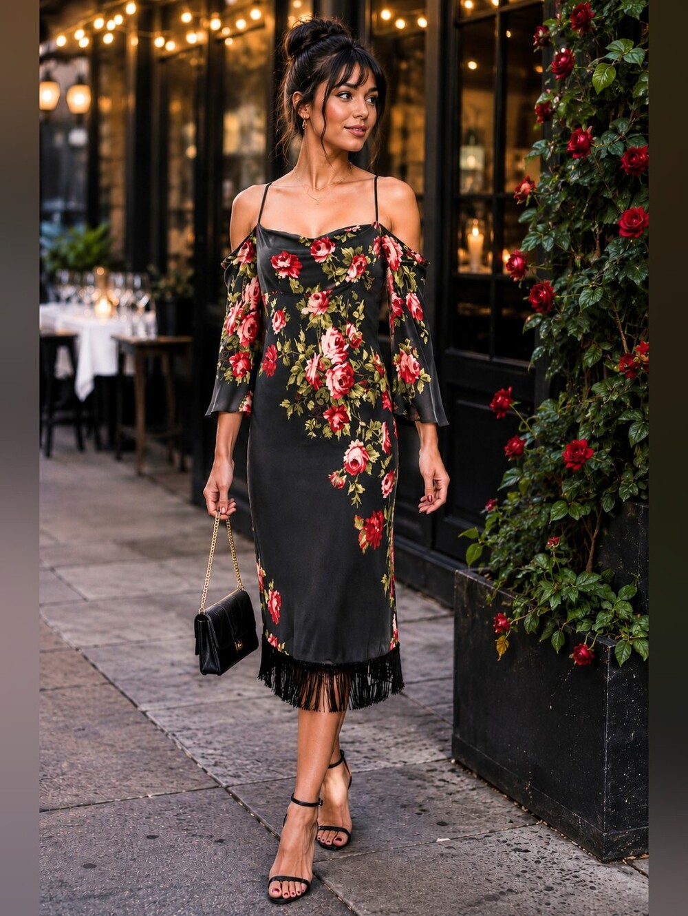 Nicole Miller Silk Floral Fringe Midi Dress Romantic Goth Feminine Women's 0/2